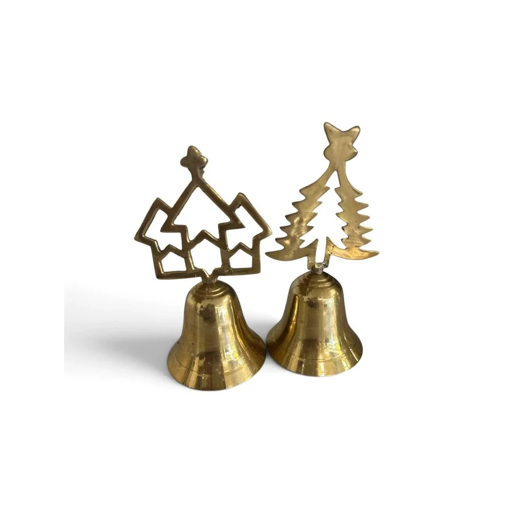 Vintage Solid Brass Christmas Bells Set Church and Tree Made in India Gold 2pc